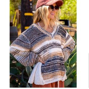 Neutral Horizontal Striped V Neck Chenille Pull Over Cozy Sweater